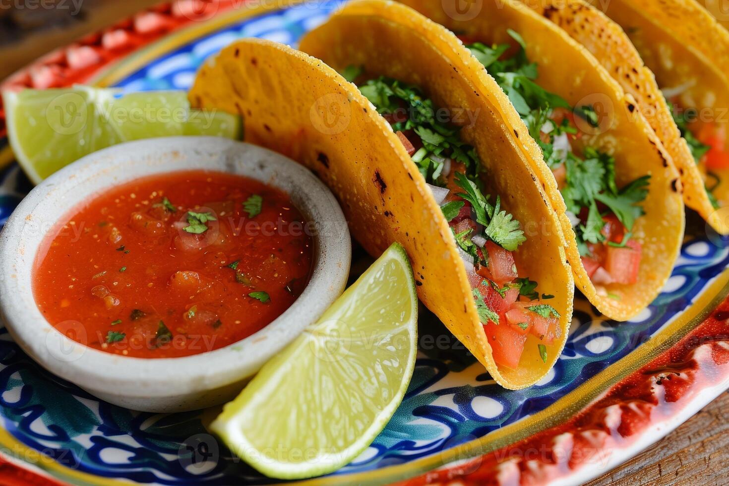 AI generated Mexican tacos with beef, tomatoes, onions and others on white background photo