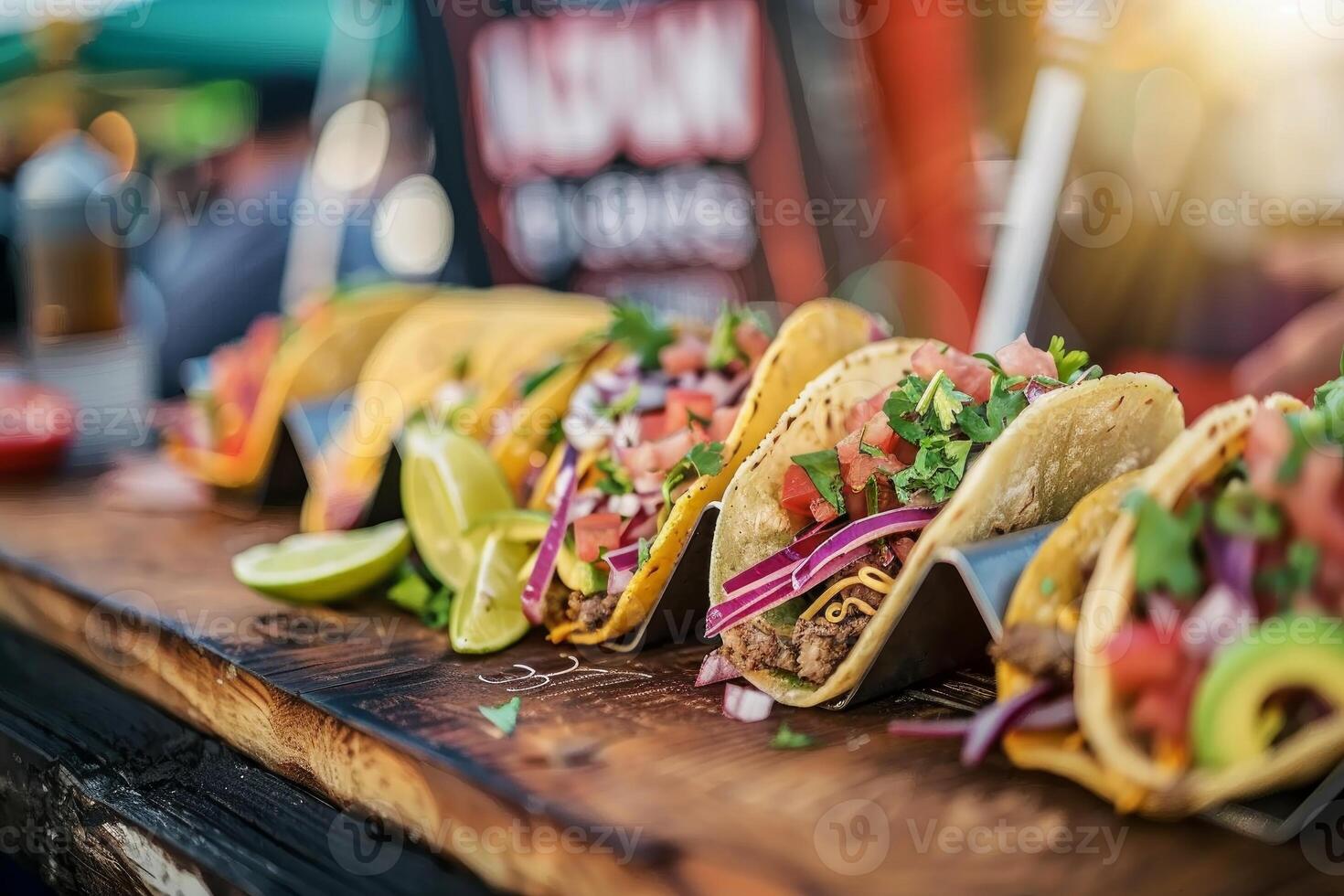 AI generated Mexican tacos with beef, tomatoes, onions and others on white background photo