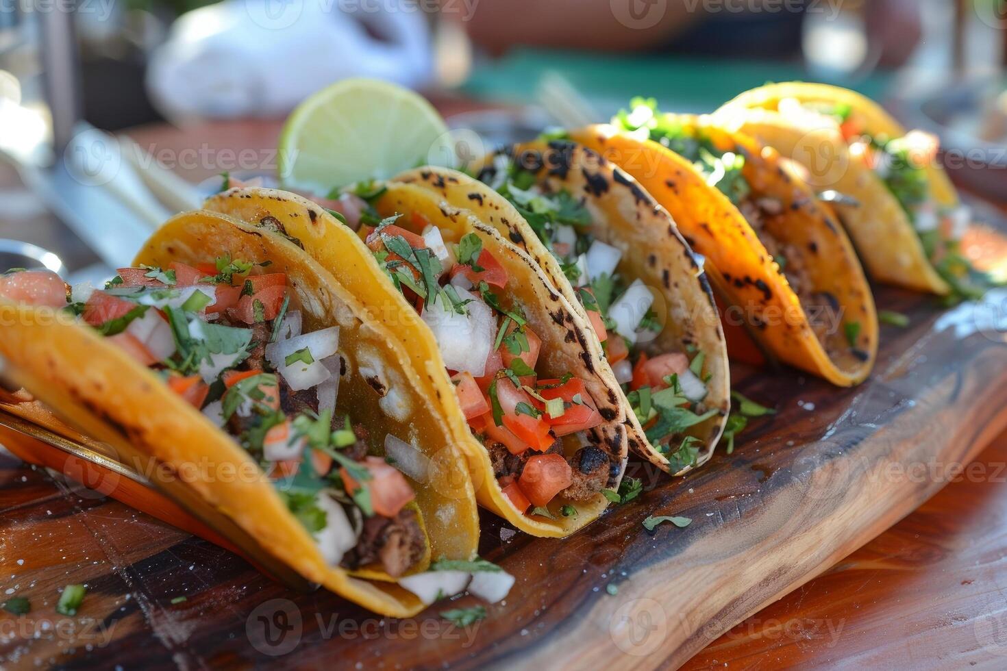 AI generated Mexican tacos with beef, tomatoes, onions and others on white background photo