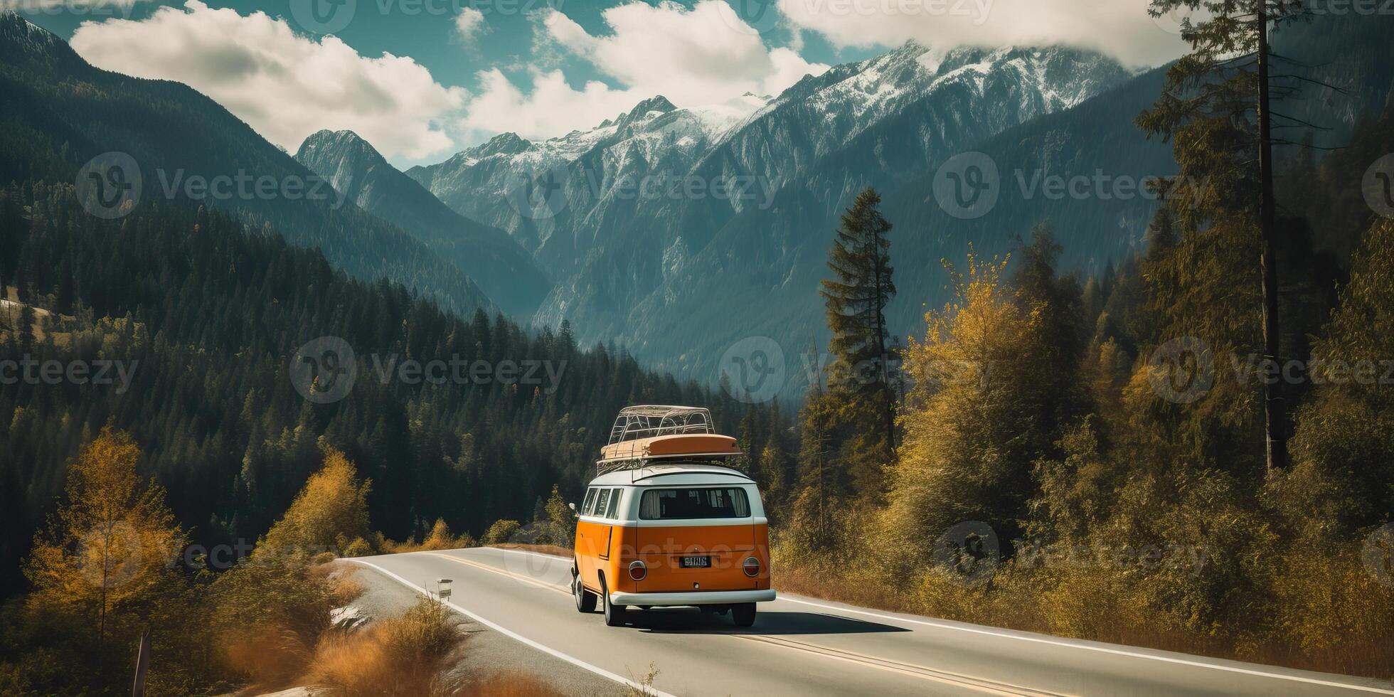 AI generated A van traveling in nature on a Mountain path for a road trip to adventure and freedom photo