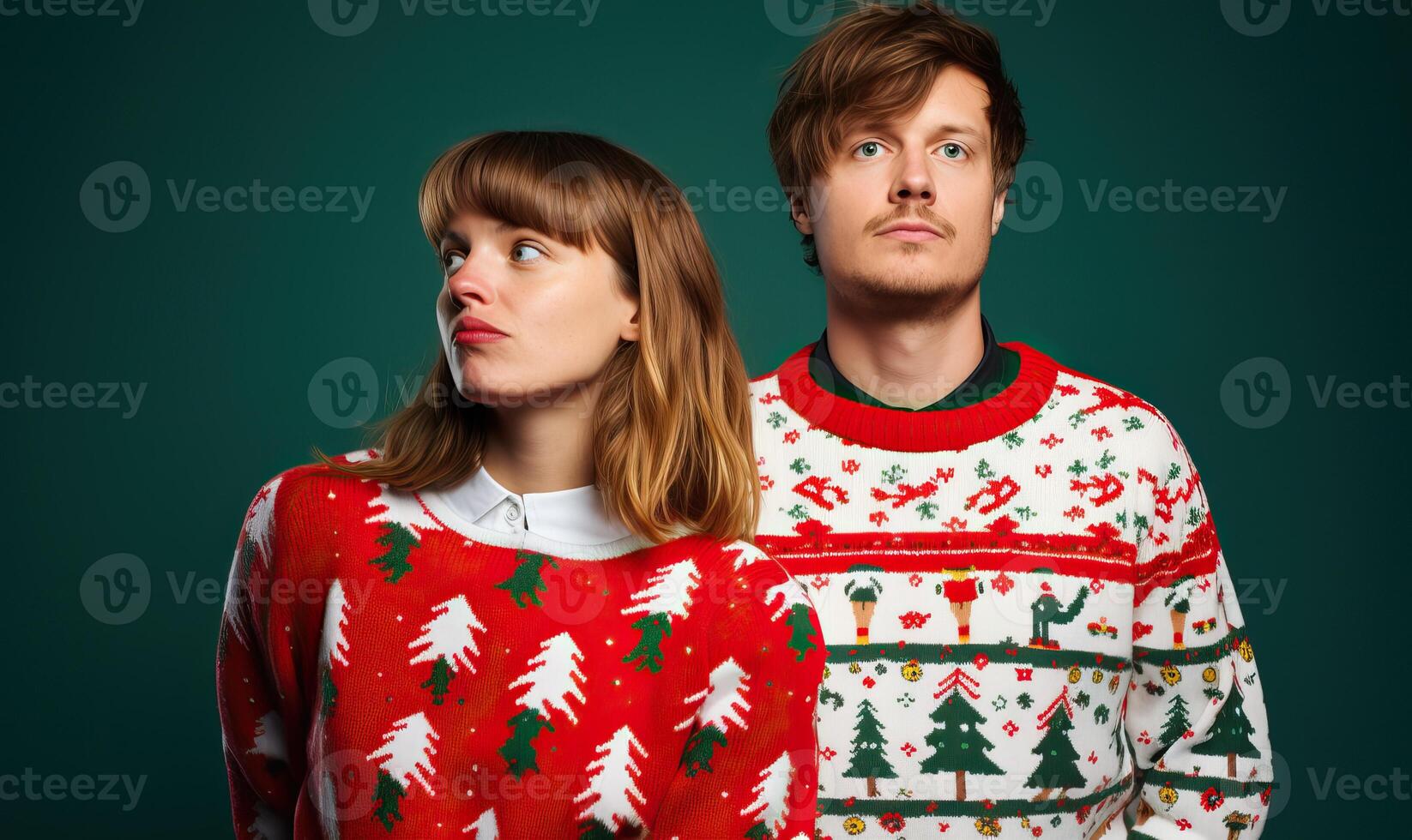 AI generated Young happy couple friends, man woman wear Christmas ugly sweater Santa hat posing spread hands photo