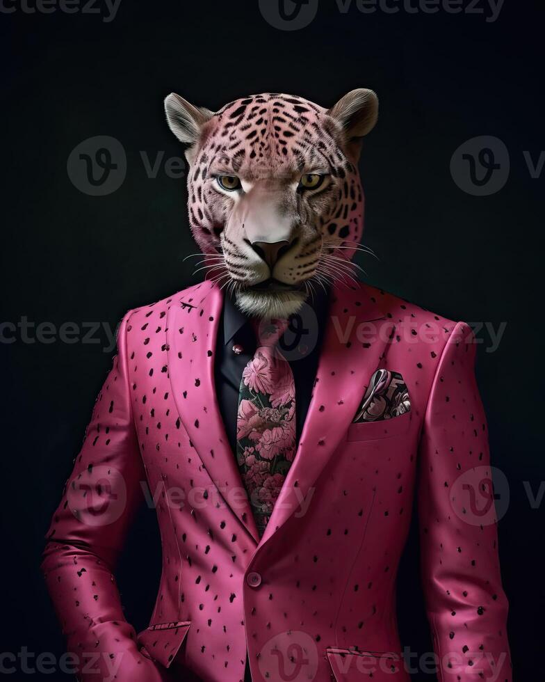 AI generated Cheetah dressed in an elegant modern pink suit with a nice tie. Fashion portrait of an photo