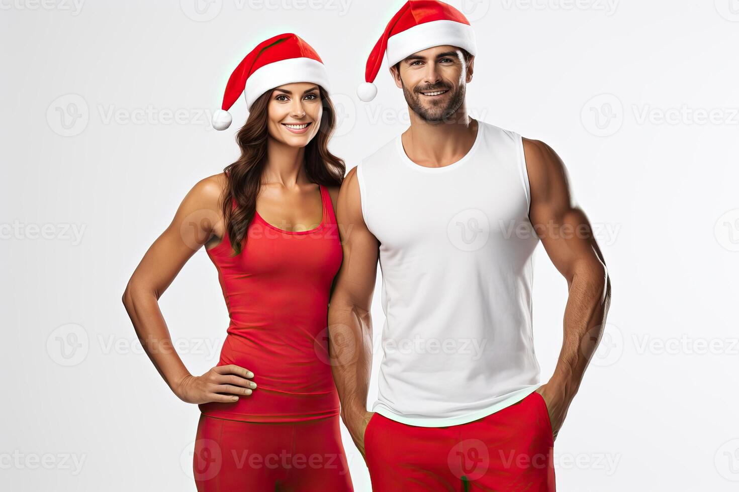 AI generated A sporty couple man woman wearing father christmas santa hat. Holiday healthy lifestyle, isolated on photo
