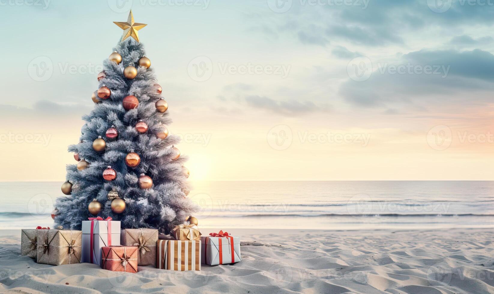AI generated Christmas tree and gifts on the sandy beach, Summer Xmas vacations on a tropical island, xmas photo