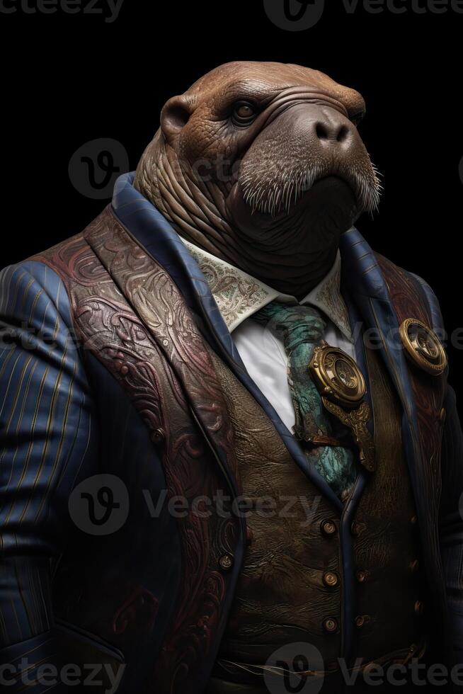 AI generated Walrus dressed in an elegant modern suit with a nice tie. Fashion portrait of an anthropomorphic photo