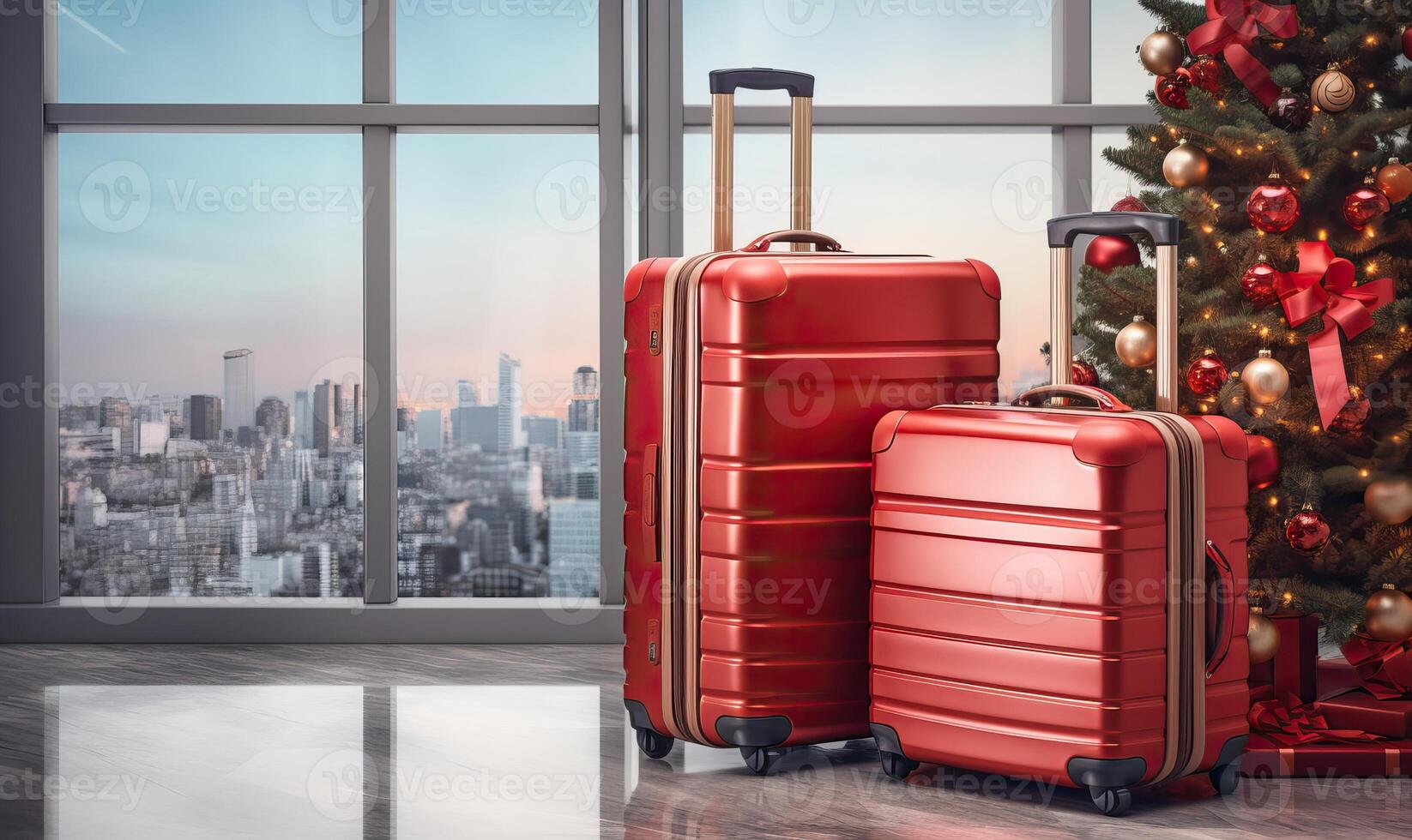 AI generated Red suitcases near Christmas tree at the airport, luggage xmas travel design, tree lights photo