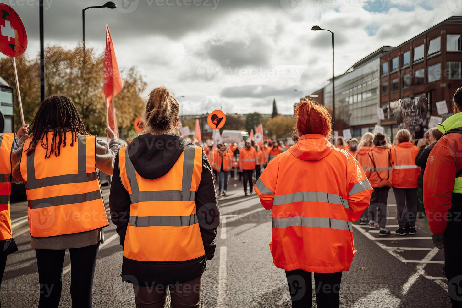 ai generado protesta activistas vistiendo Hola Vis amarillo naranja chaqueta sentar en un la carretera y bloquear tráfico, multitud de foto