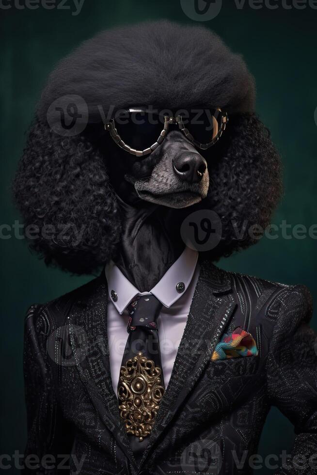 AI generated Dog, black poodle, dressed in an elegant modern suit with a nice scarf, wearing sunglasses. Fashion photo