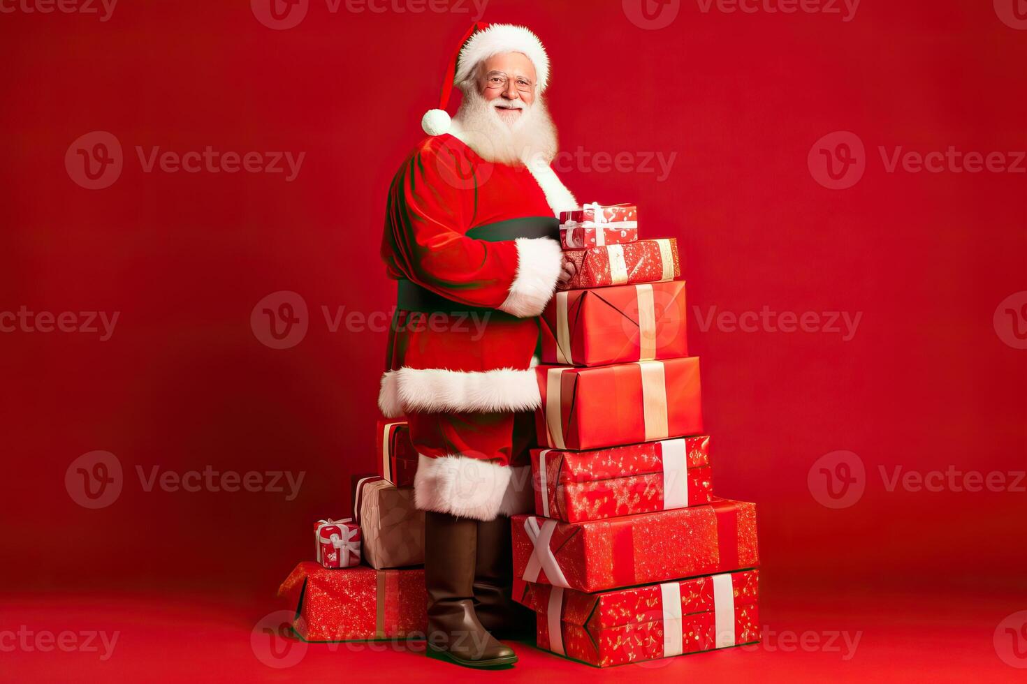 AI generated Full body of smiling Santa Claus holding stack of Christmas presents over red background, copy space photo