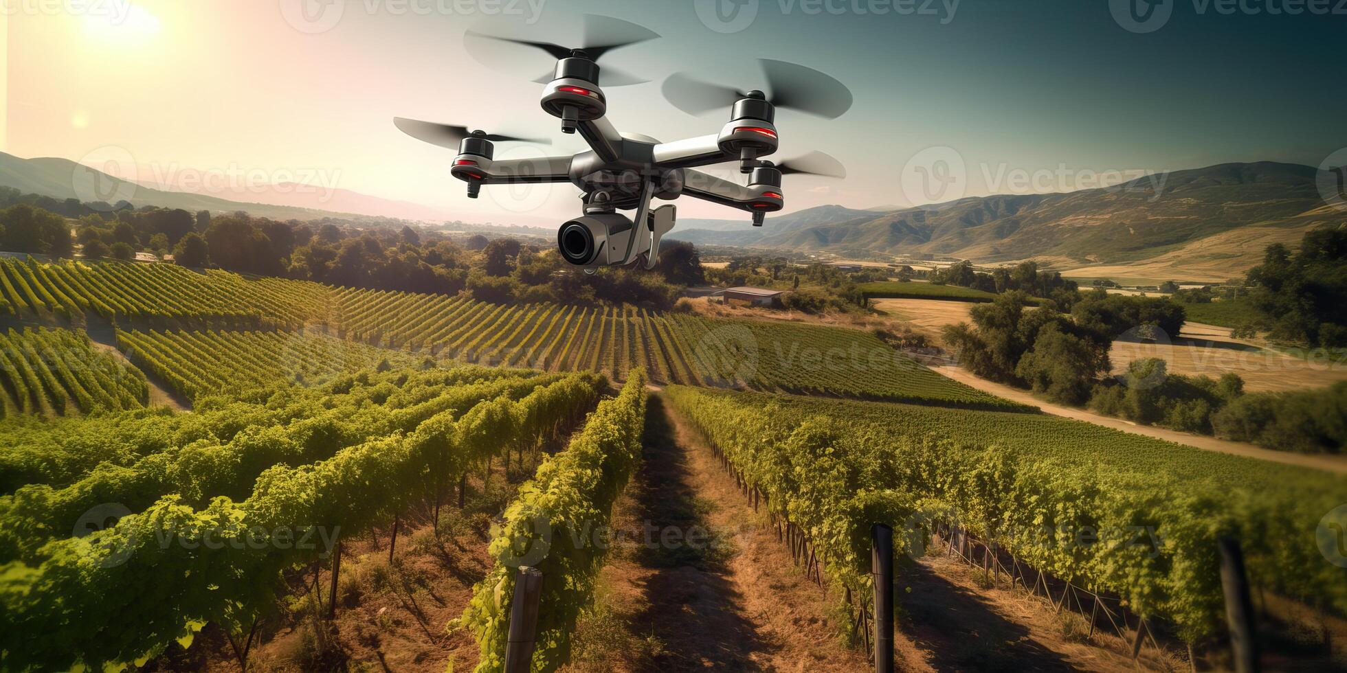 AI generated A drone flying over a vineyard, smart tech used for monitoring the fields in agriculture, automation photo