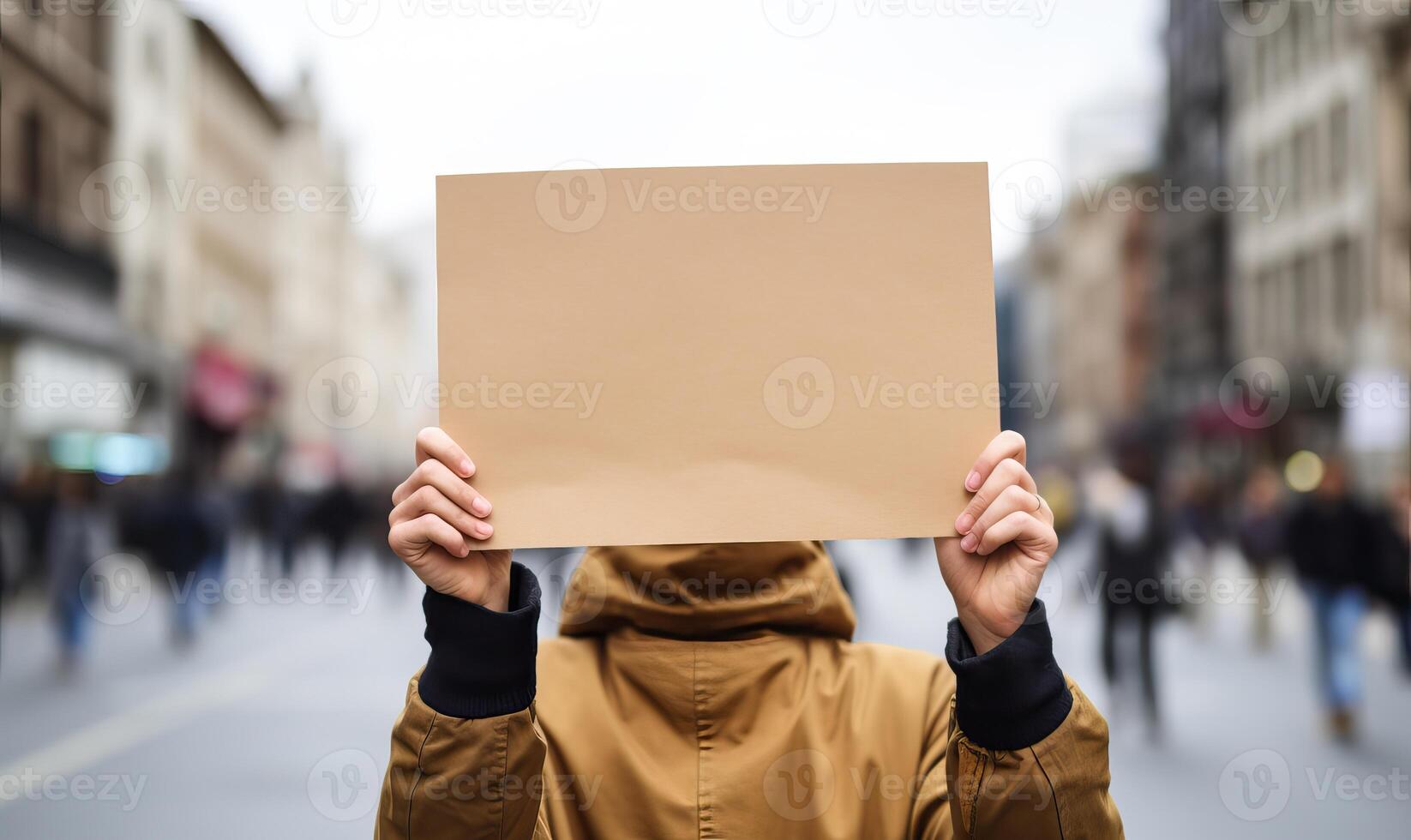 AI generated Protestors on the street holding blank cardboard banner sign. Global strike for change, A political photo