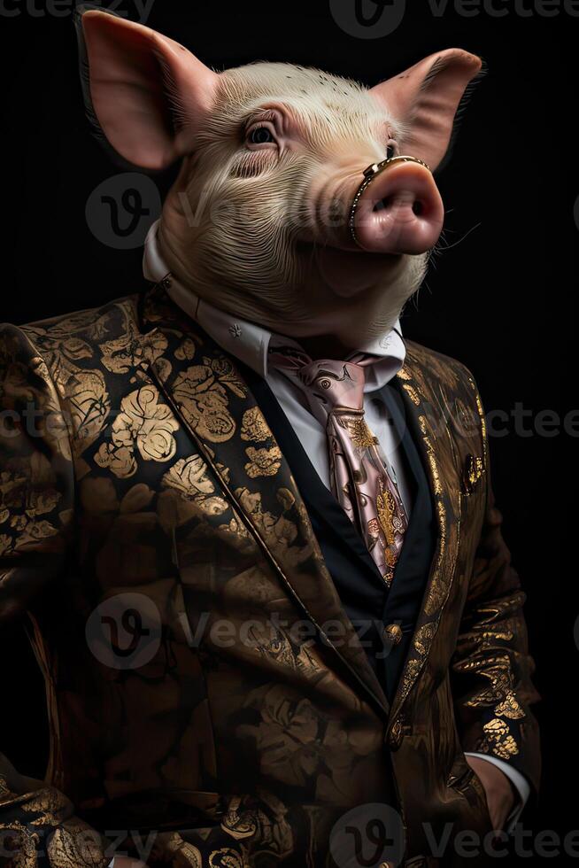 ai generado cerdo vestido en un elegante moderno traje con un bonito atar. Moda retrato de un antropomórfico animal foto