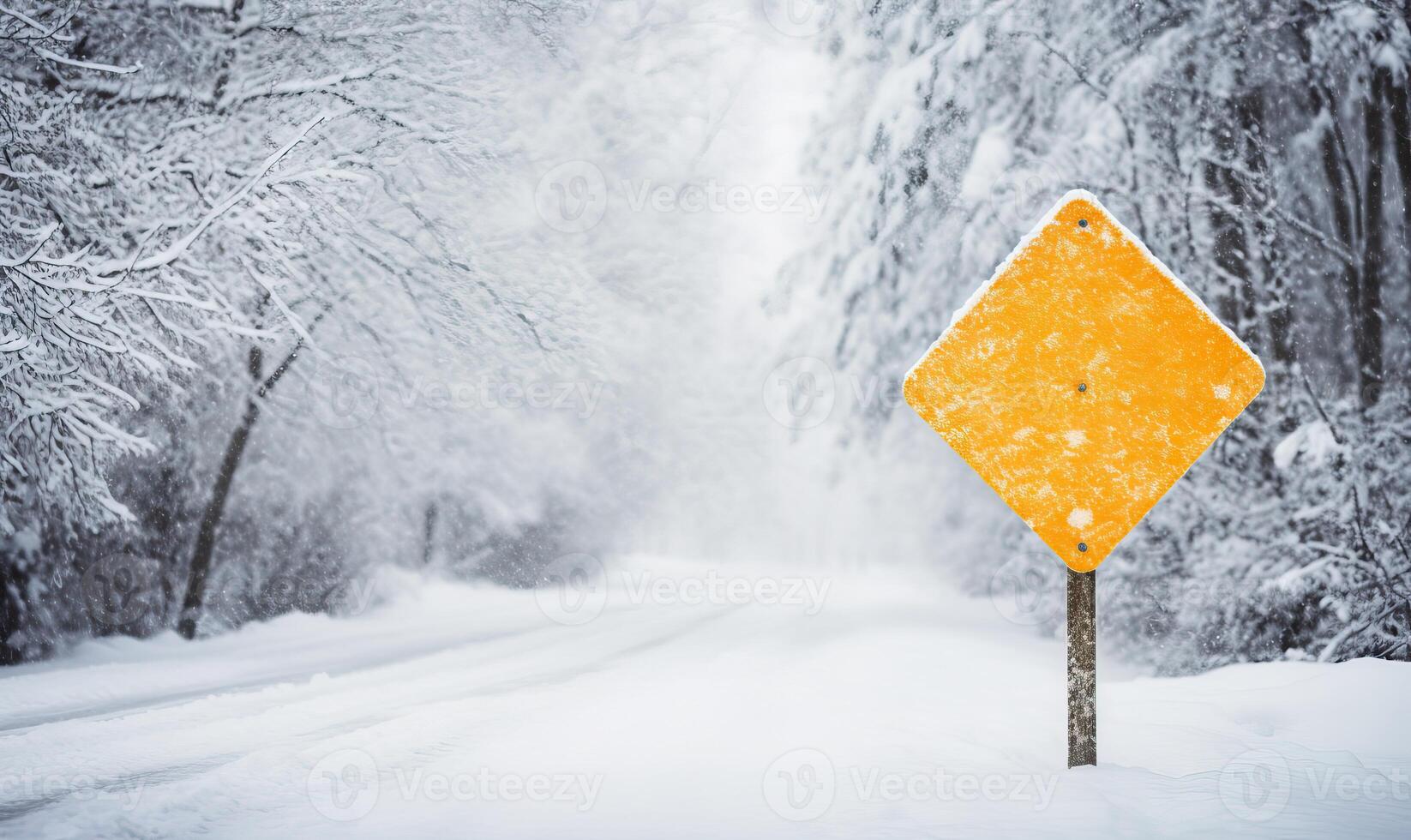 ai generado un blanco la carretera tráfico firmar advertencia de invierno conducción condiciones en un camino, invierno conduciendo, nieve y foto