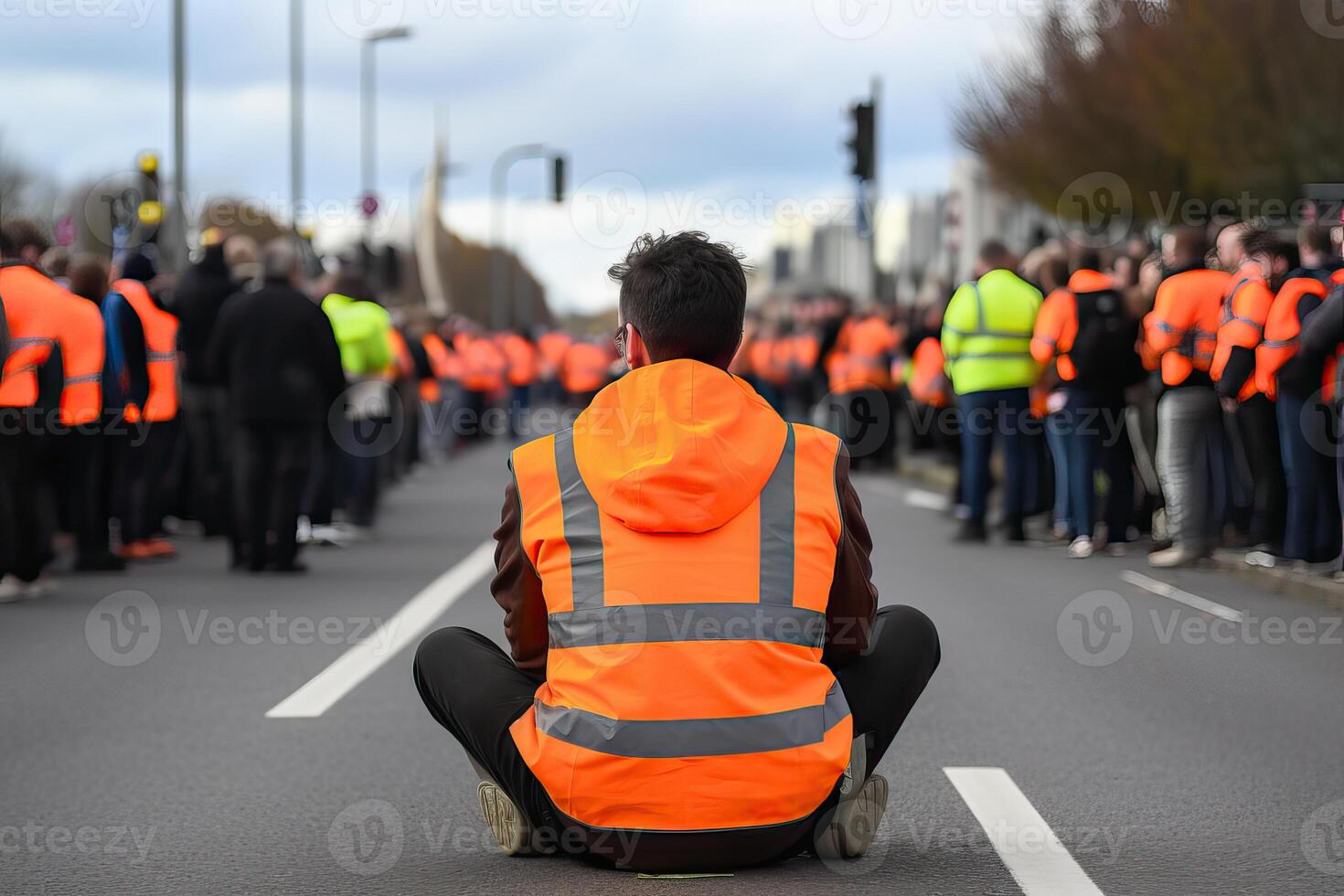 ai generado protesta activistas vistiendo Hola Vis amarillo naranja chaqueta sentar en un la carretera y bloquear tráfico, multitud de foto