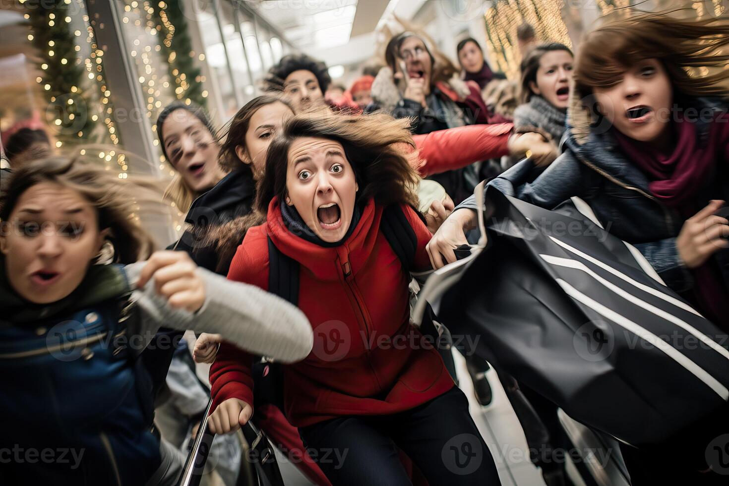 AI generated Midnight Black Friday shopping spree, with shoppers jostling to grab discounted products, devices, photo
