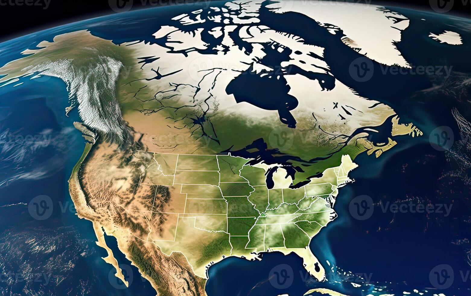 AI generated Physical map of North America, USA, Canada and Mexico, with high resolution details. Satellite view photo