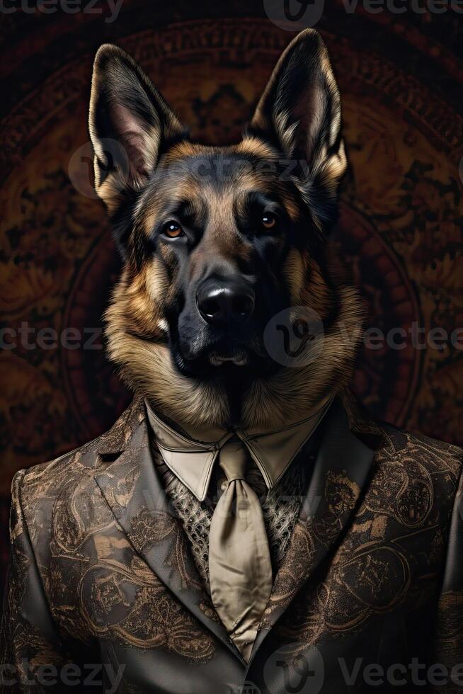 AI generated Dog, German Shepherd, dressed in a modern suit with jacket. Fashion portrait of an anthropomorphic photo