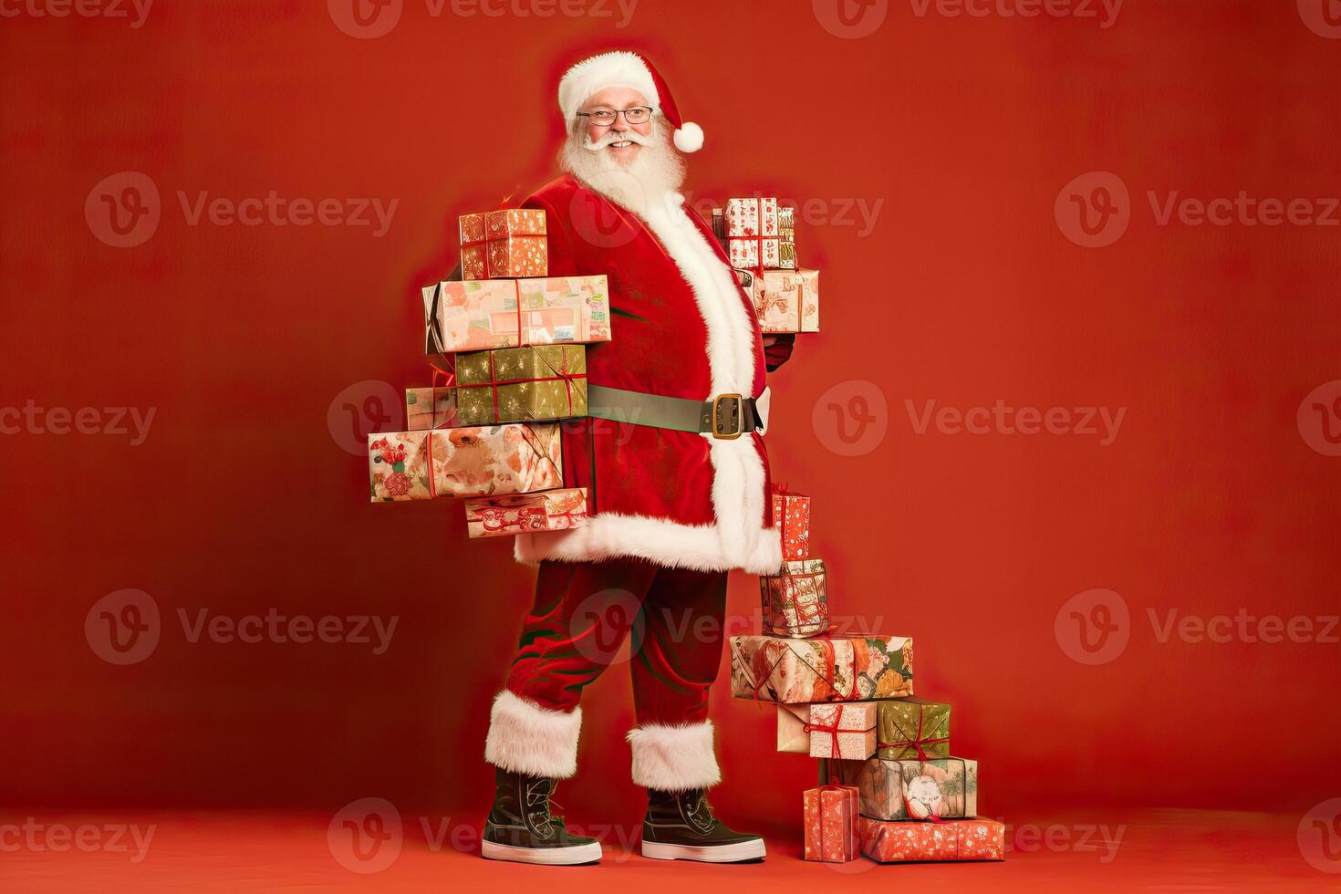 AI generated Full body of smiling Santa Claus holding stack of Christmas presents over red background, copy space photo
