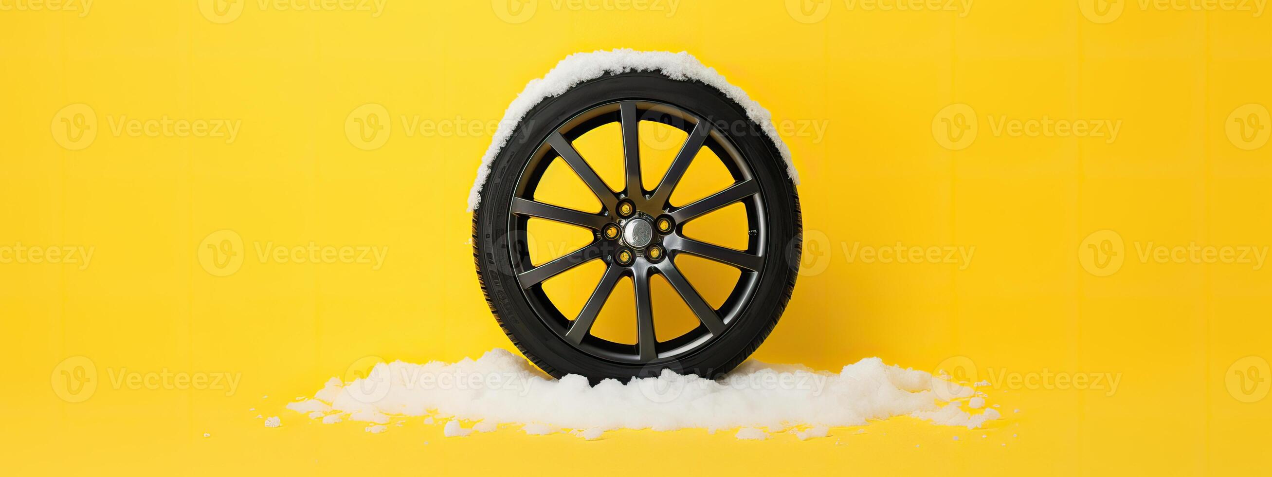 AI generated Brand new winter car tires showcased against a snowy yellow backdrop, winter tires ready for winter photo