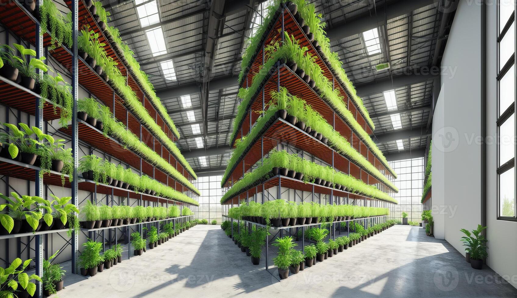 AI Generated An urban design building facade with a symmetrical arrangement of terrestrial plants in glass shelves. The tints and shades create a vibrant rectangle and triangle pattern photo