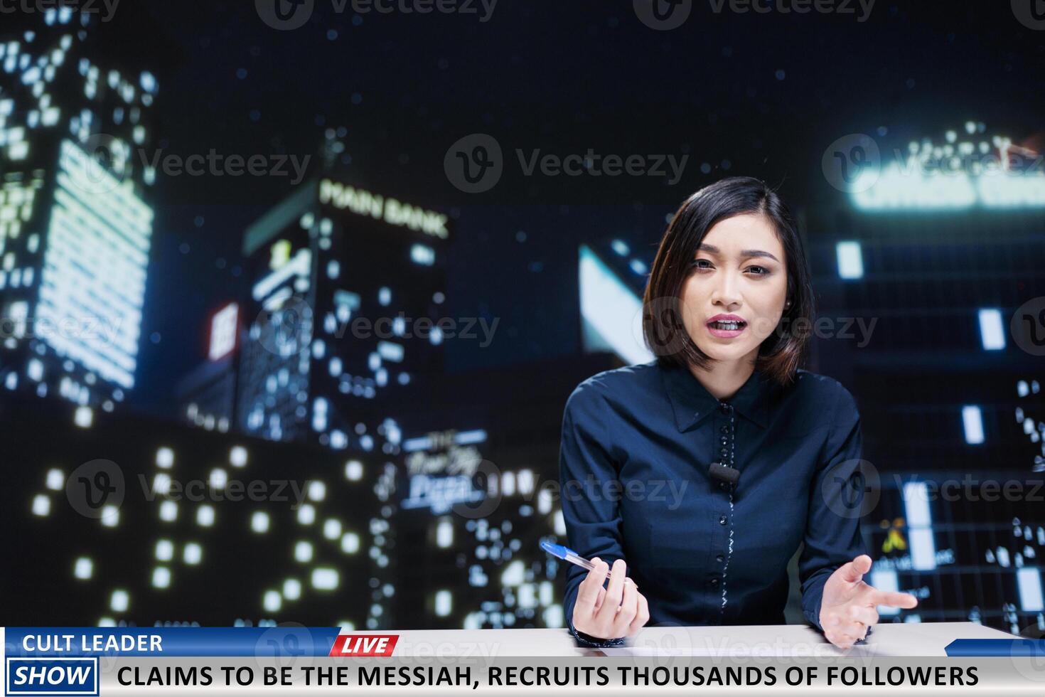 Disturbing news about cult leader recruiting followers by brainwashing them into thinking he is messiah, events presented by tv reporter. Woman night show host reading headlines. photo