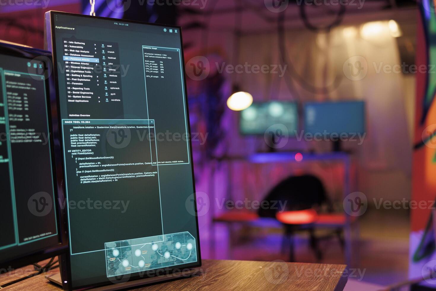 Multiple windows with internet virus software and ransomware running code on computer screens. Server breaking and data breaching malware on monitors in hacker hideout workspace at night time photo