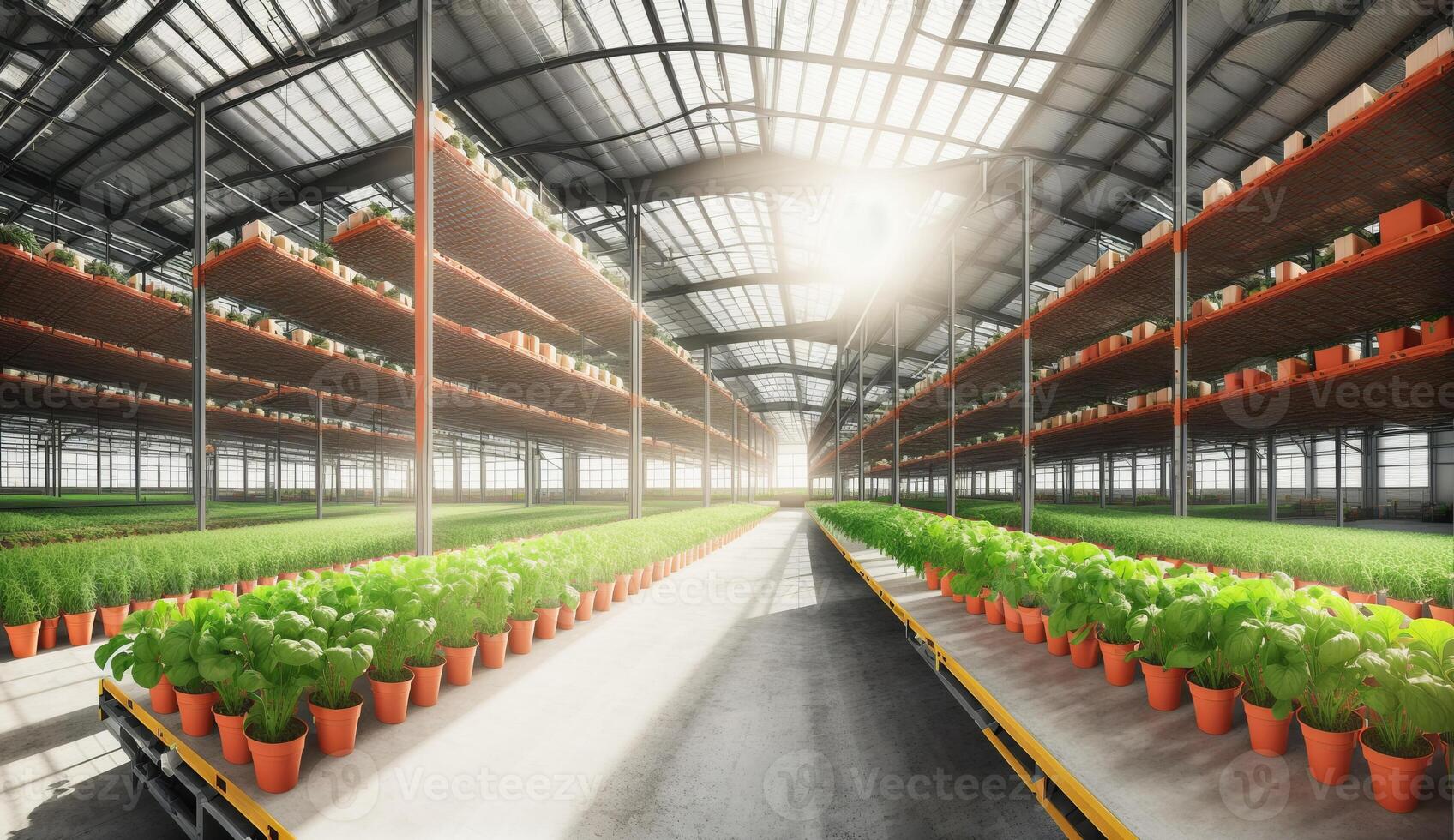 AI Generated A building with a roof covered in asphalt surrounded by a landscape of grass and soil, hosting a greenhouse filled with potted terrestrial plants and shelves of natural foods photo