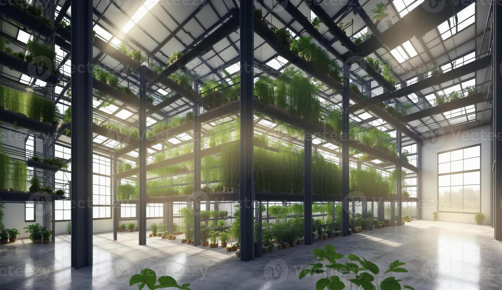 AI Generated A building filled with various plants and numerous windows, creating a lush greenhouse atmosphere. The facade is covered with greenery and trees photo