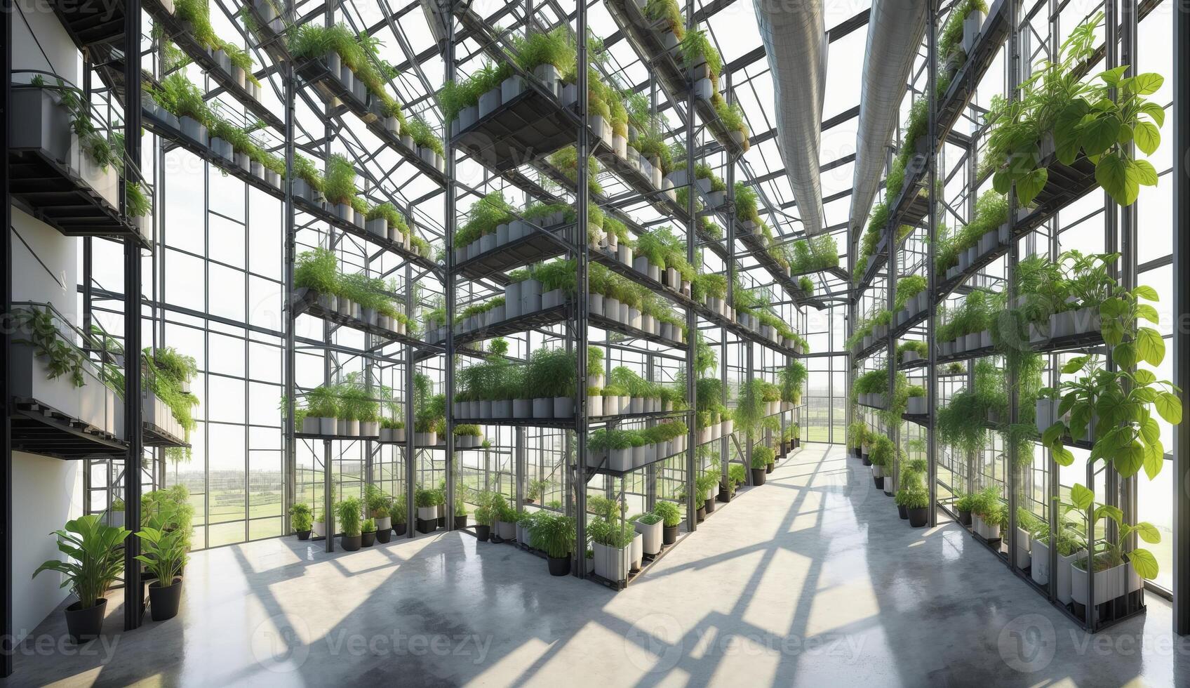 AI Generated A building filled with various plants and potted flowers, creating a lush indoor garden within a tower block photo