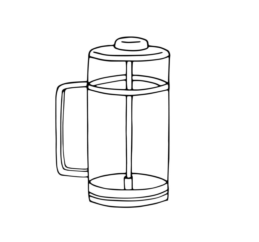 Tea teapot with press. Coffeemaker. Hand-Drawn Coffee Maker. French-Press in doodle style. Coffee preparation service concept. Sketch style vector illustration.
