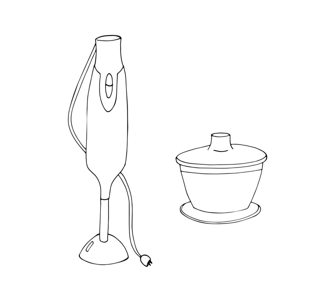 Immersion blender.  Handheld Stick blender. Kitchen appliance. Hand blender for cooking. Household appliances for cooking healthy food. Isolated vector illustration on white background.