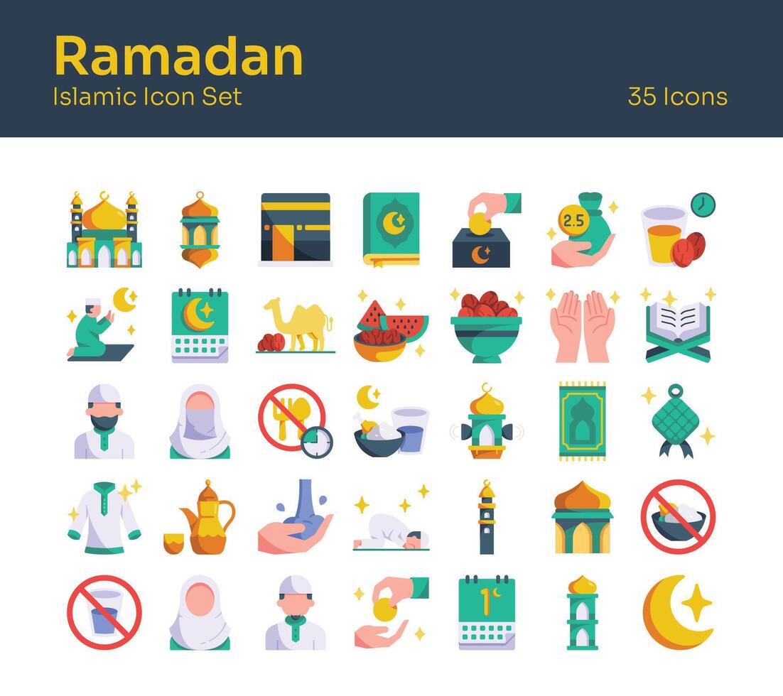 Set of Ramadan icons with symbols for lanterns, mosque, dates. Perfect for festive designs, social media posts, and holiday promotions. Islamic symbols and elements for design and decoration. vector