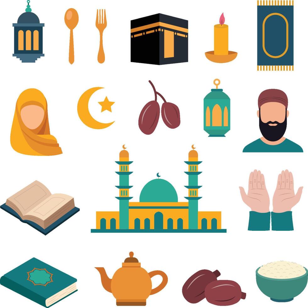 Set of detailed Islamic icons suitable for web design, educational materials, religious organizations, and cultural events. Mosque, crescent, calligraphy, and more. Ramadan elements illustration. vector