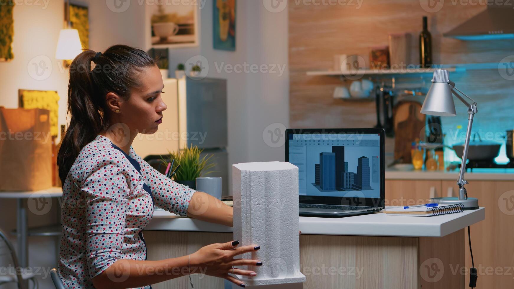 Freelancer architect working in 3D software to elaborate buildings design sitting at kitchen desk at night. Engineer artist creating and studying in office holding scale model, determination, career. photo