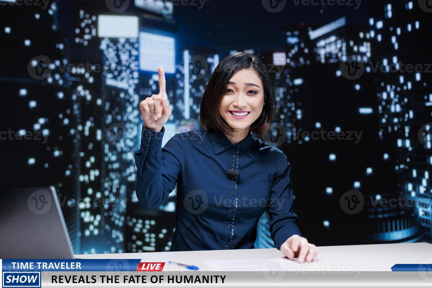 Newscaster talks about time traveler on television program, hosting night show to present secrets of humanity from future. Asian journalist addressing news about peoples fate. photo