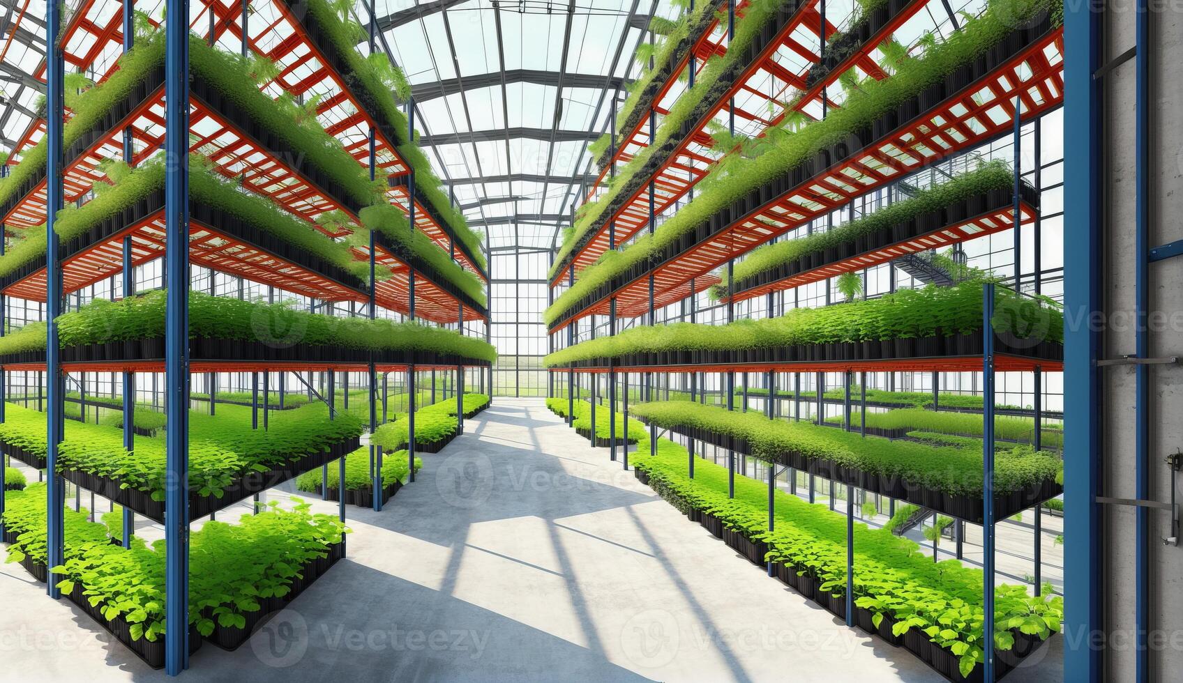AI Generated A beautiful urban design featuring a greenhouse filled with terrestrial plants growing on shelves, creating a symmetrical and artistic display of greenery photo
