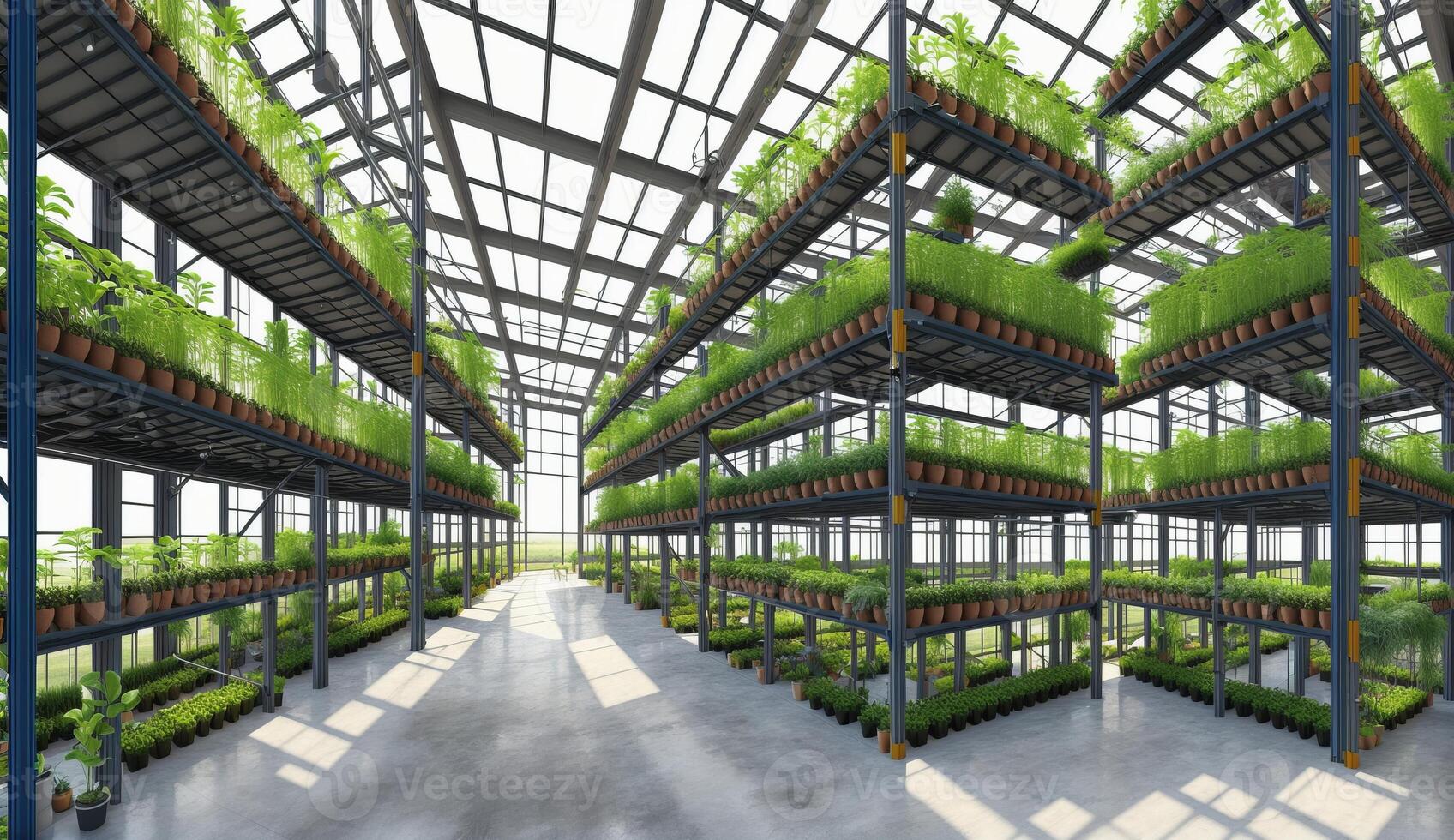 AI Generated A vast building housing numerous shelves displaying a variety of terrestrial plants, creating a lush indoor biome with green fixtures photo