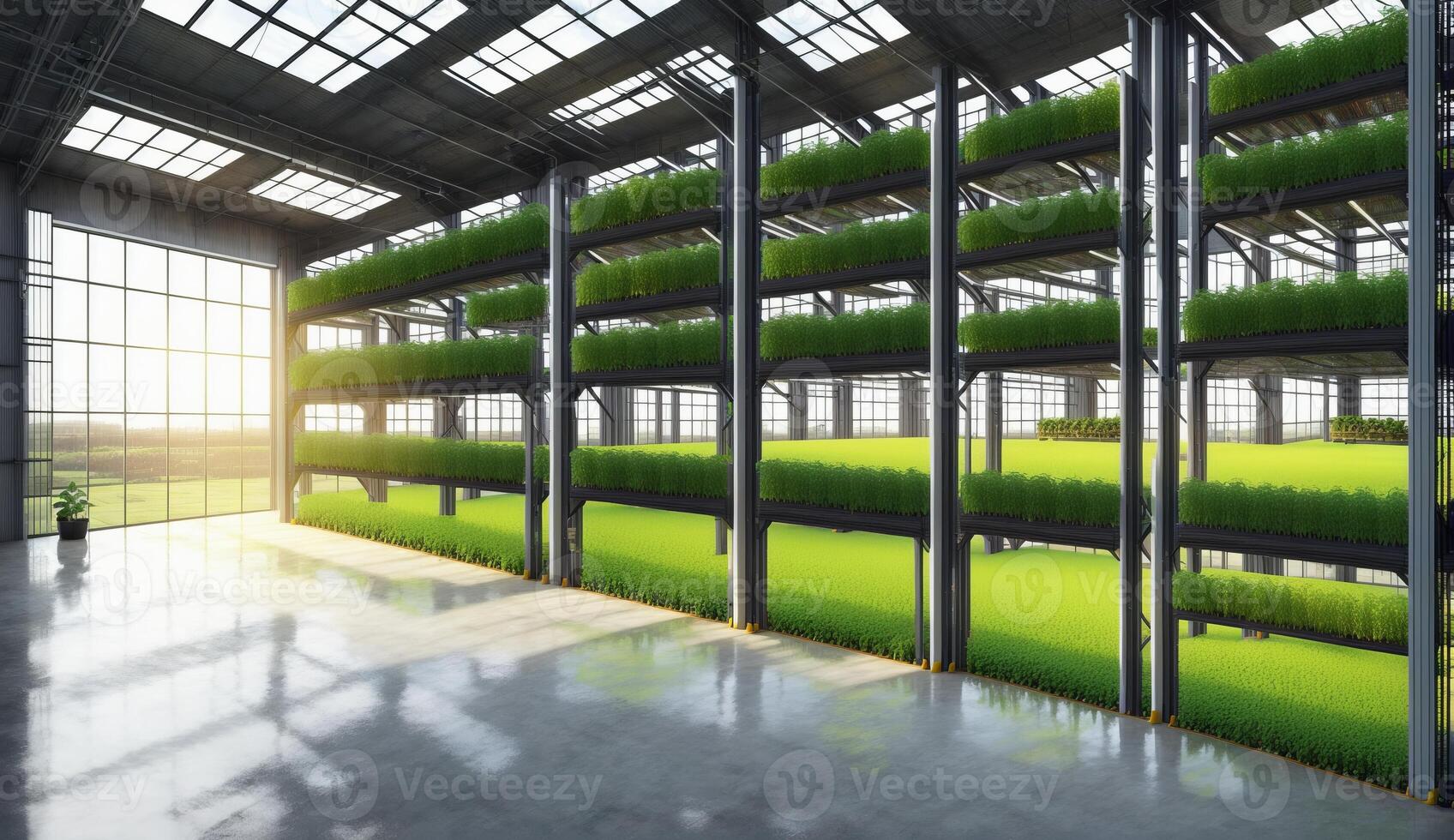AI Generated The building facade features a large room with green plants growing on the walls, creating a natural and serene atmosphere. The glass windows and wooden flooring complement the lush greenery photo
