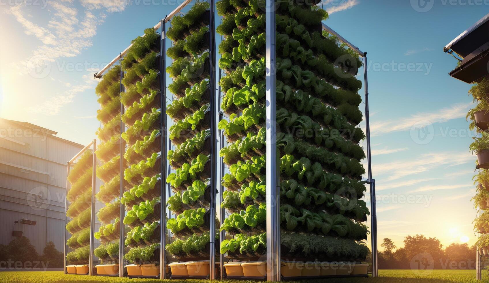 AI Generated Urban design meets nature with a vertical garden on a tower block, featuring plants, trees, and grass cascading down the building under a sky filled with fluffy clouds photo