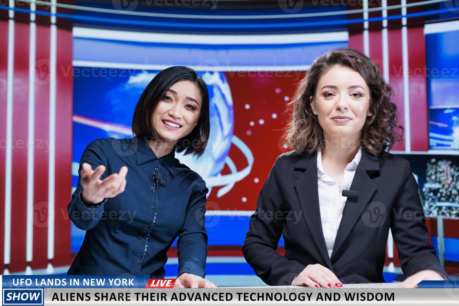 Newscasters share aliens practises after ufo lands in new york and present their advanced technology and wisdom to people. Team of tv reporters going live on morning show transmission. photo
