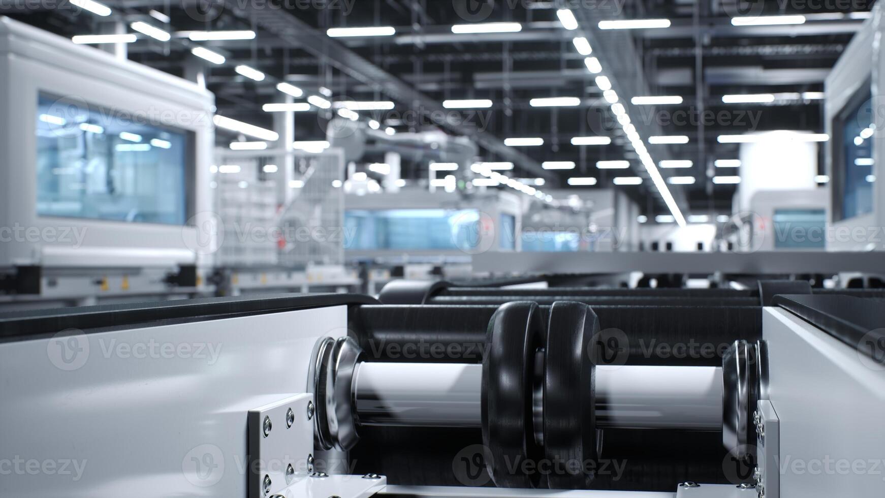 Focus on conveyor belt in cutting edge solar panel factory used for photovoltaic modules. Close up of assembly lines in sustainable energy based facility used for producing PV cells, 3D illustration photo