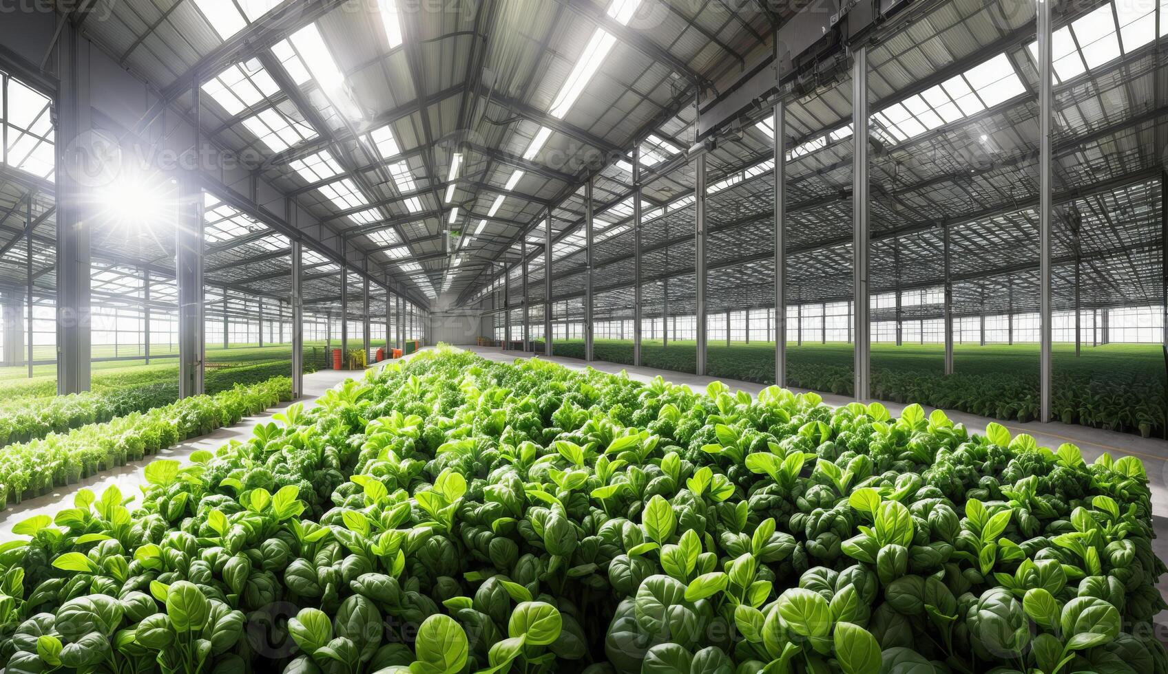 AI Generated A greenhouse full of terrestrial plants is growing various leafy vegetables and grass for agricultural purposes. It is a natural foods haven under the glass roof photo