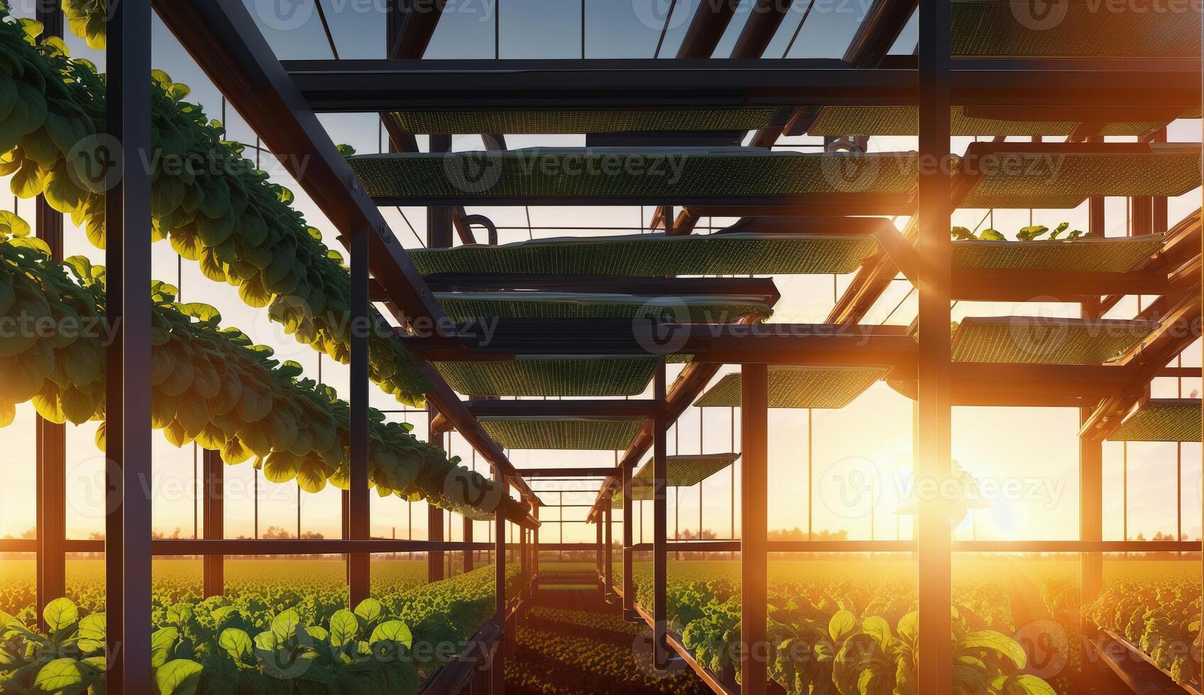 AI Generated The sunlight shines through the windows of a plant filled greenhouse, illuminating the building with natural light and creating a warm and inviting atmosphere photo