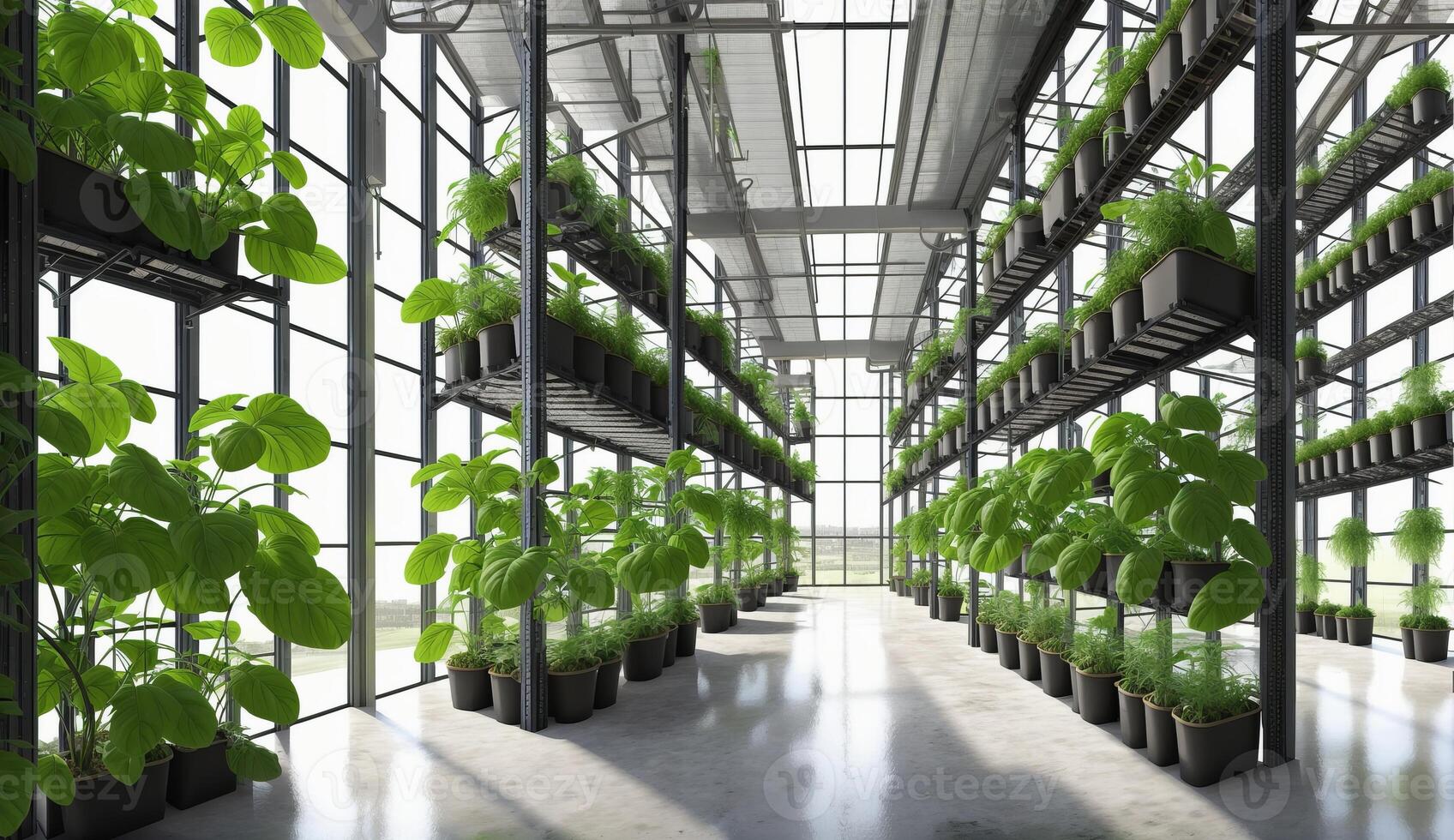 AI Generated A building filled with terrestrial plants, flowers, grass, shrubs, and trees in pots, with numerous windows allowing ample natural light photo
