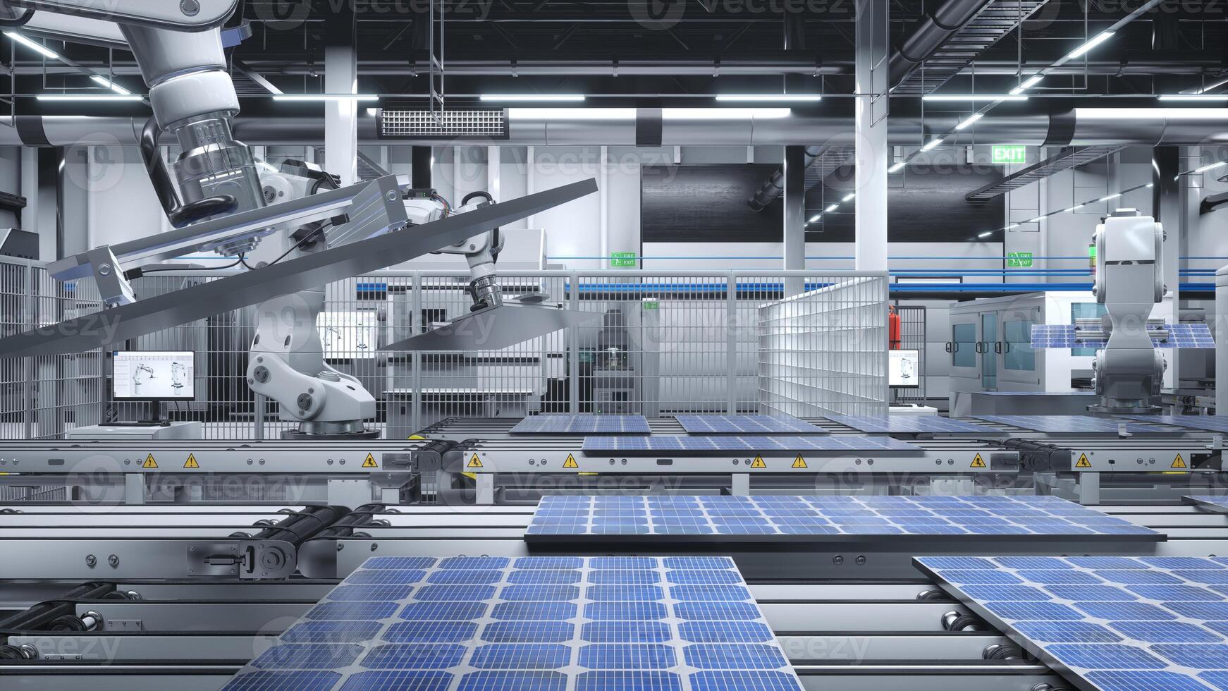 Solar panels moved on conveyor belts during production process in clean ...