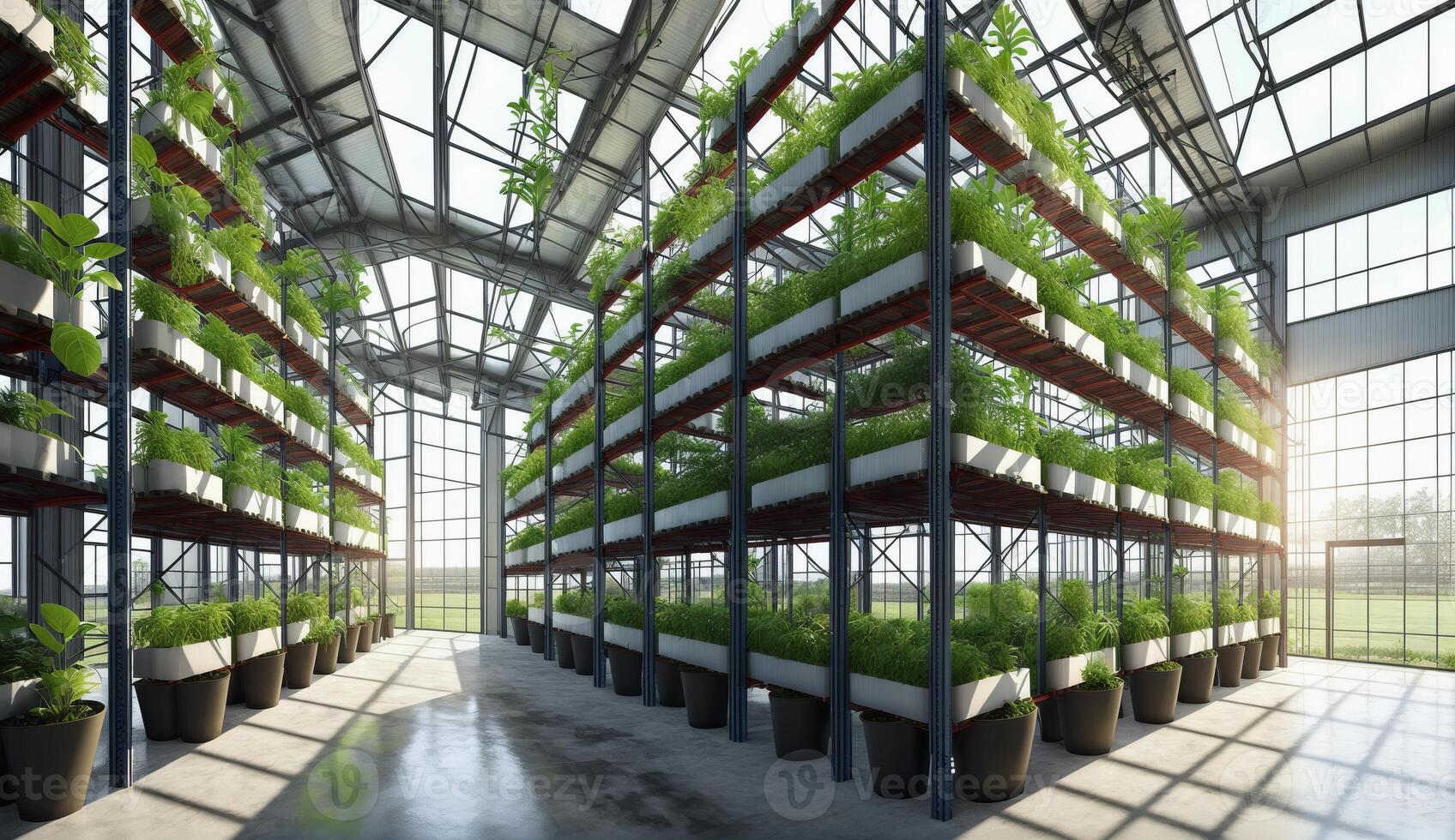 AI Generated A building with a glass facade showcases a greenhouse filled with a variety of potted plants and shelves, creating a lush and vibrant atmosphere photo