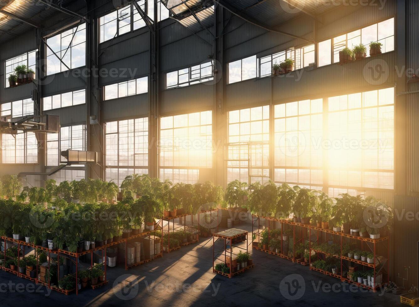 AI Generated A building with a stunning glass facade features numerous windows and lush green plants creating an indoor oasis in the heart of the city, offering shade and vibrant tints and shades photo