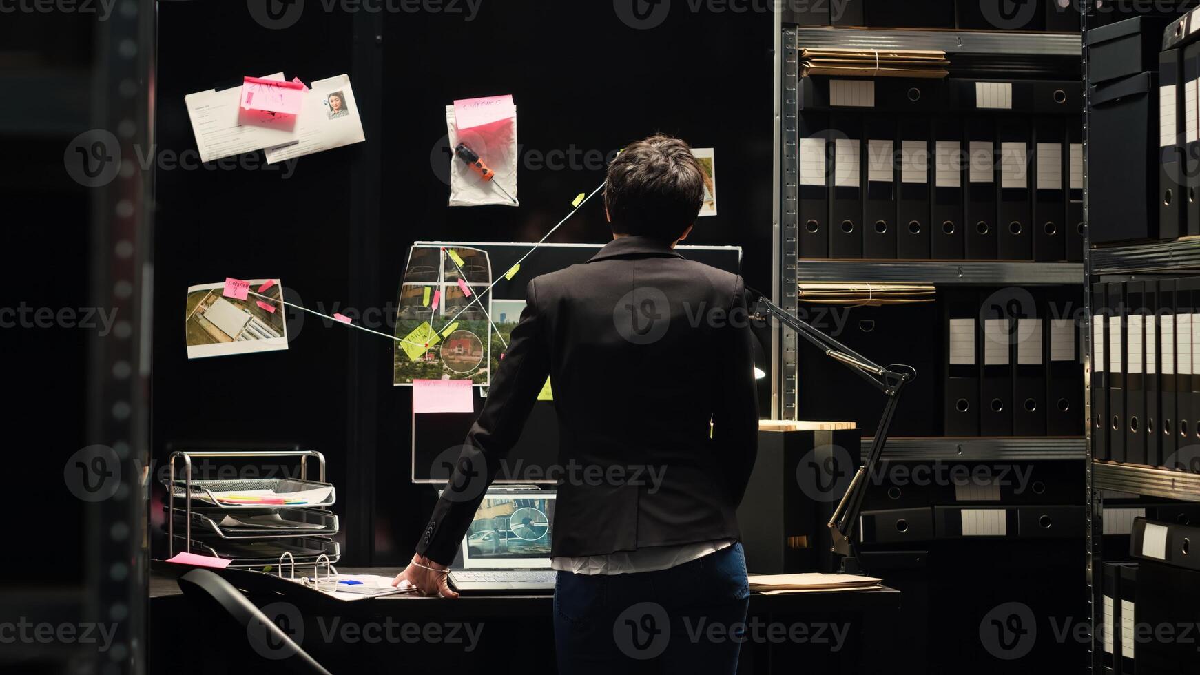 Police inspector reviewing proof hanged on board in incident room, using criminal expertise and forensic science to uncover clues. Detective gathering intelligence to solve case. Tripod shot. photo