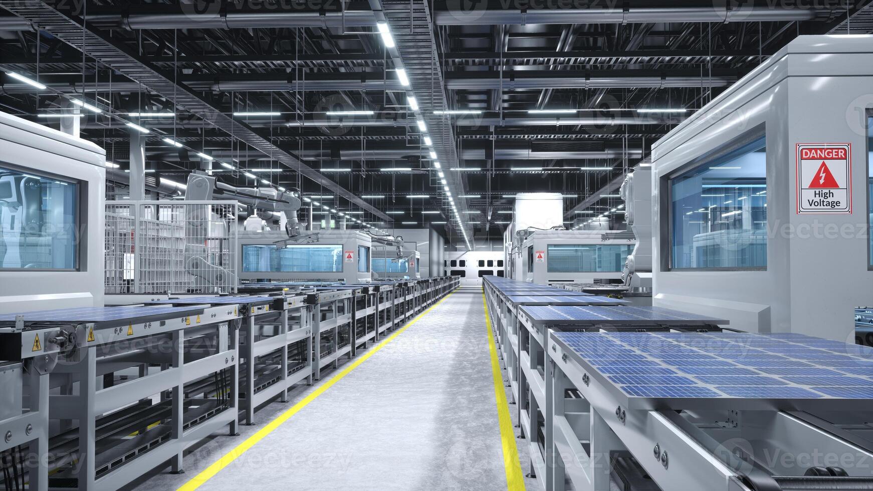 Company producing solar panels in factory with robotic arms placing photovoltaic modules on conveyor belts, 3D rendering. Manufacturing warehouse producing solar cells for clean energy industry photo