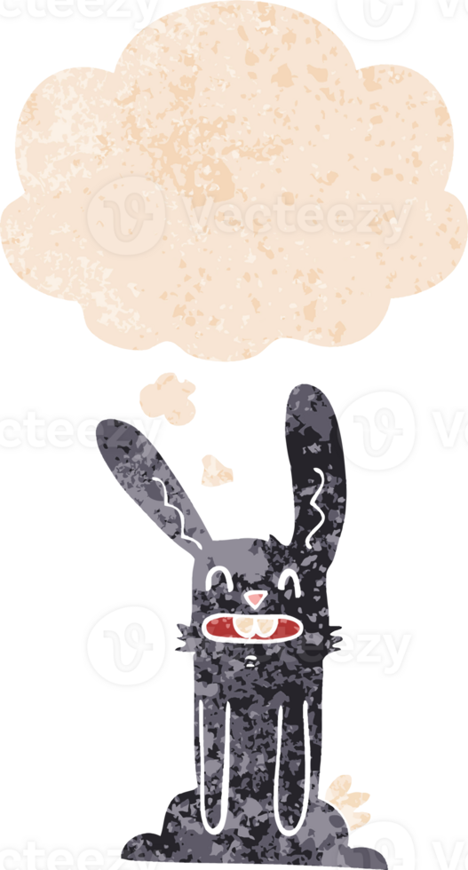 cartoon rabbit with thought bubble in grunge distressed retro textured style png